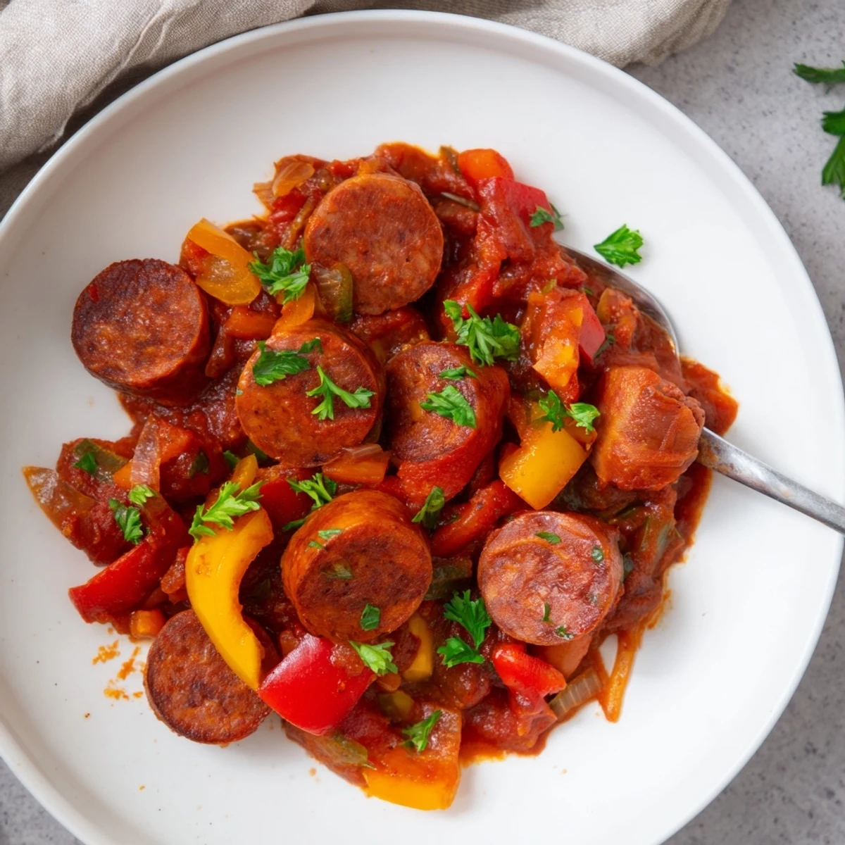 Herzhaftes Sausage Goulash mit Paprika, Zwiebeln und würziger Tomatensoße.