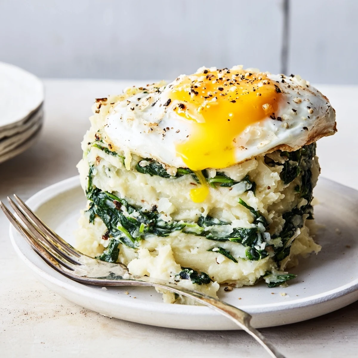 Silkige creamed spinach with creamy mashed potatoes and a runny fried egg.  
