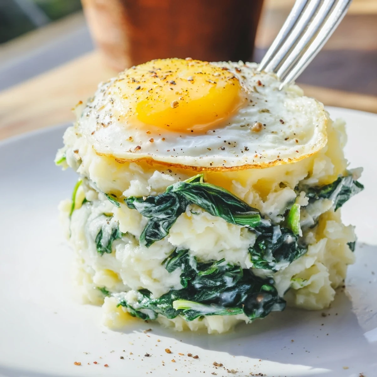 Genießen Sie das köstliche creamed spinach, serviert über fluffige, butterige Kartoffelpüree.  